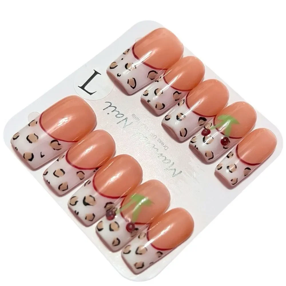Stylish Handmade White French Tip Cheetah Print Cherry  Press-On Nails Size L